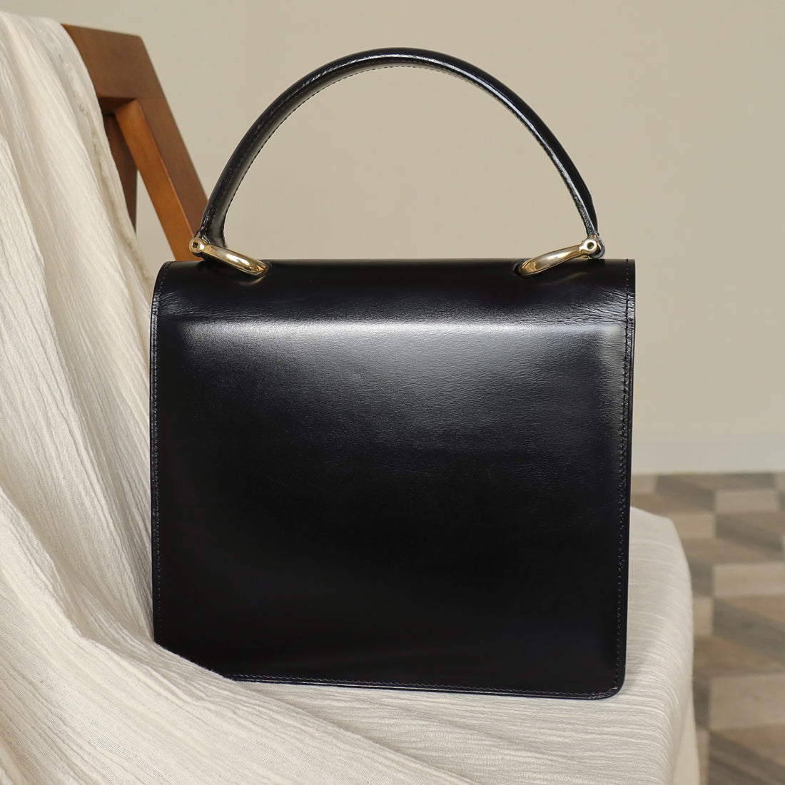 Celine Vintage Black Leather Gold Buckle Double Flap 2 way Bag