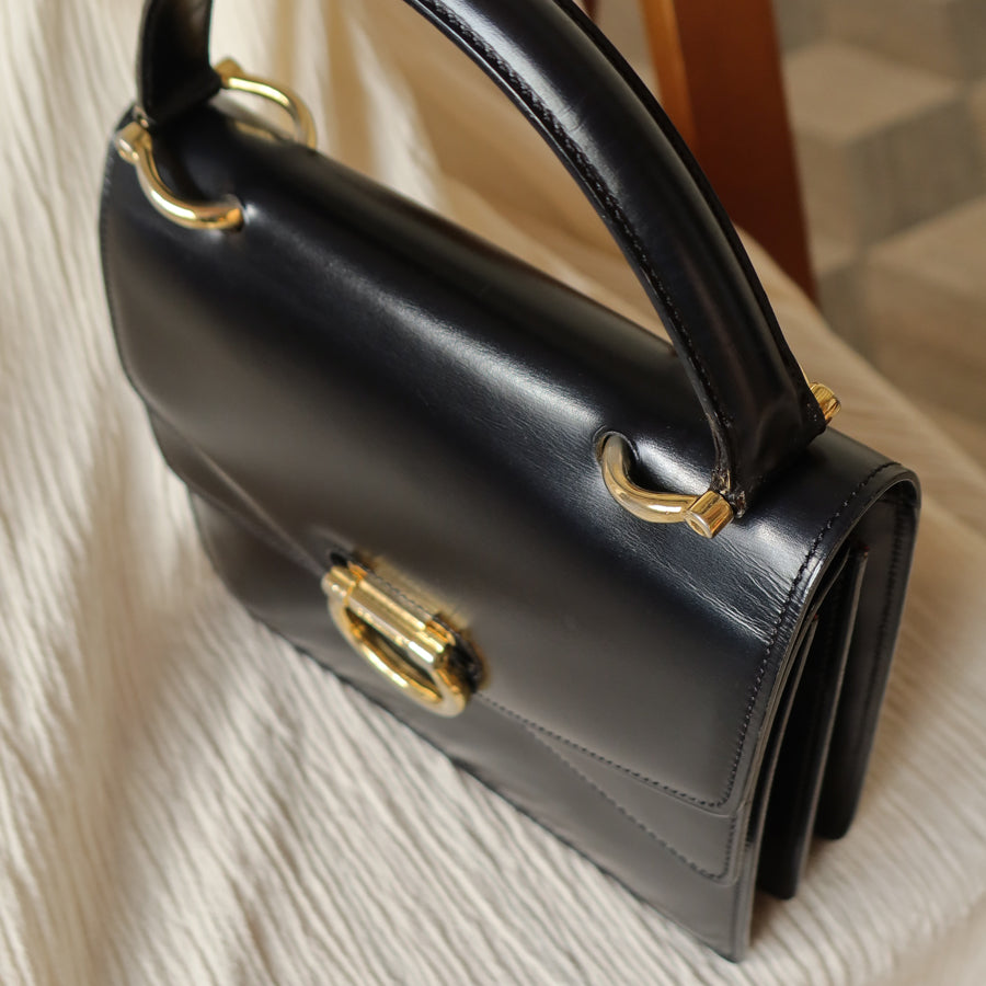 Celine Vintage Black Leather Gold Buckle Double Flap 2 way Bag