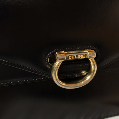 Celine Vintage Black Leather Gold Buckle Double Flap 2 way Bag