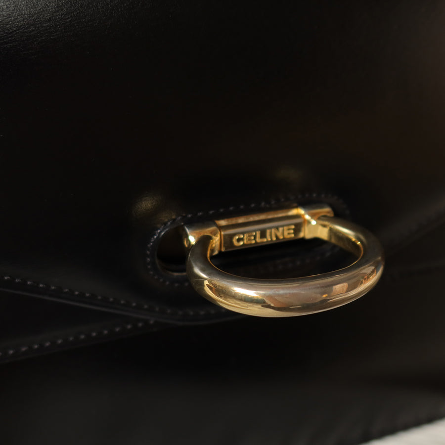 Celine Vintage Black Leather Gold Buckle Double Flap 2 way Bag