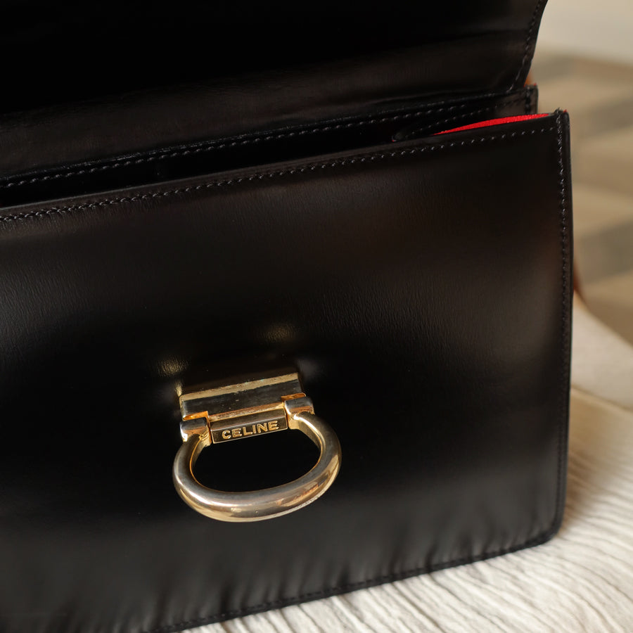 Celine Vintage Black Leather Gold Buckle Double Flap 2 way Bag