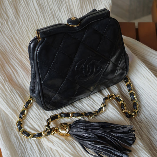 Chanel Vintage Matelasse Black Lambskin Quilted Shoulder & Belt Bag