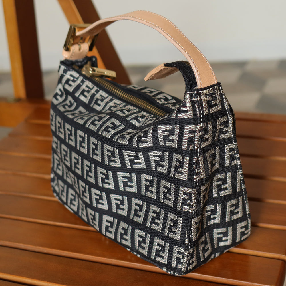 Fendi Vintage Black and White Zucchino Jacquard Mini Pochette Handbag