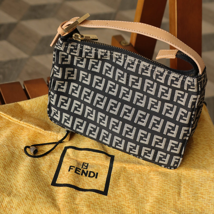 Fendi Vintage Black and White Zucchino Jacquard Mini Pochette Handbag