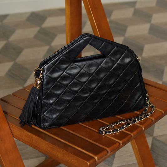 Chanel Vintage Black Matelasse Quilted Tassel Top Handle Shoulder Bag