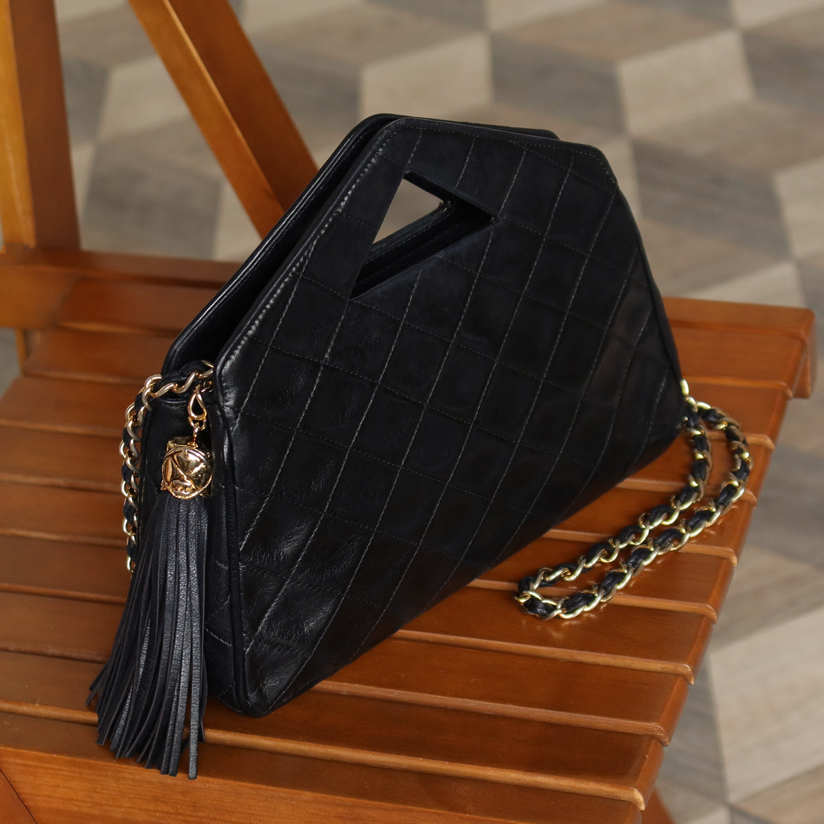 Chanel Vintage Black Matelasse Quilted Tassel Top Handle Shoulder Bag