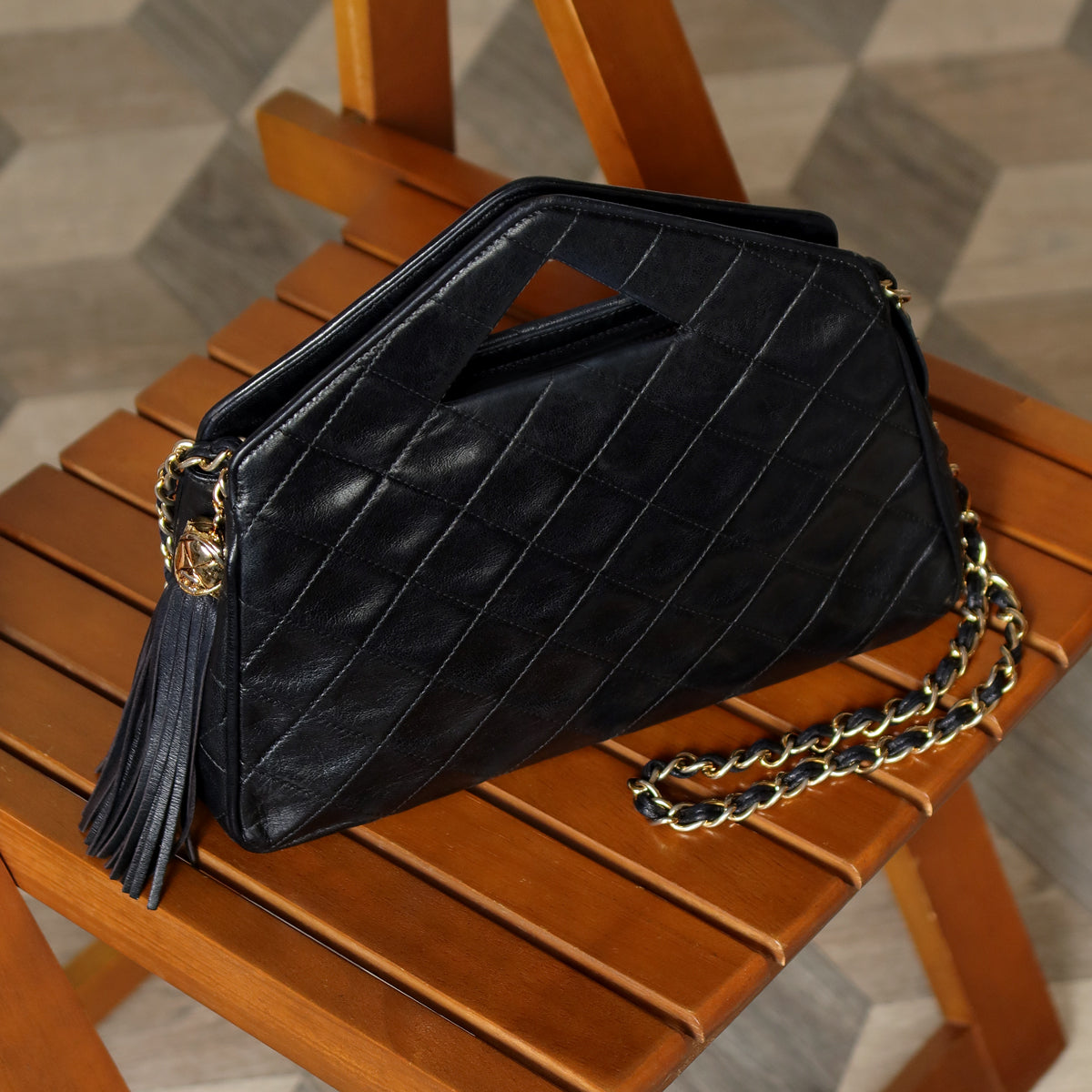 Chanel Vintage Black Matelasse Quilted Tassel Top Handle Shoulder Bag