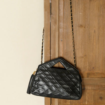 Chanel Vintage Black Matelasse Quilted Tassel Top Handle Shoulder Bag