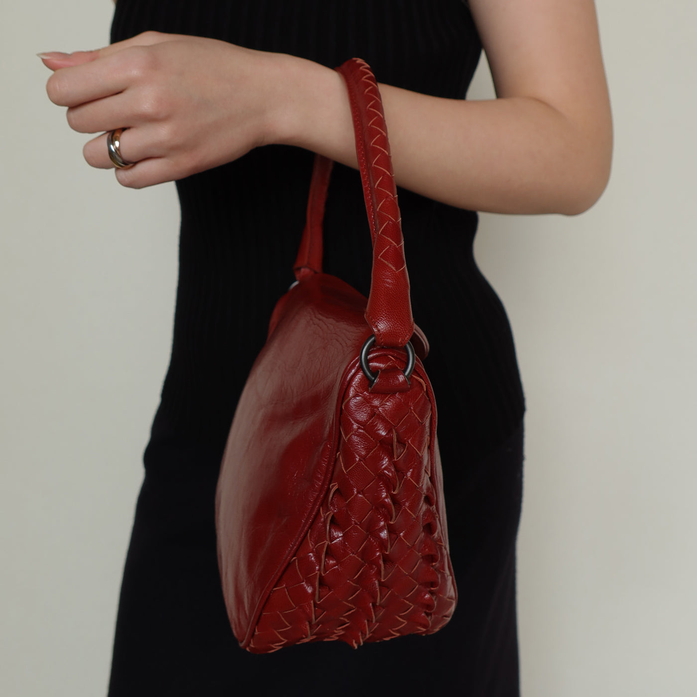 Bottega Veneta Vintage Intrecciato Weave Scarlet Red Half Moon Bag