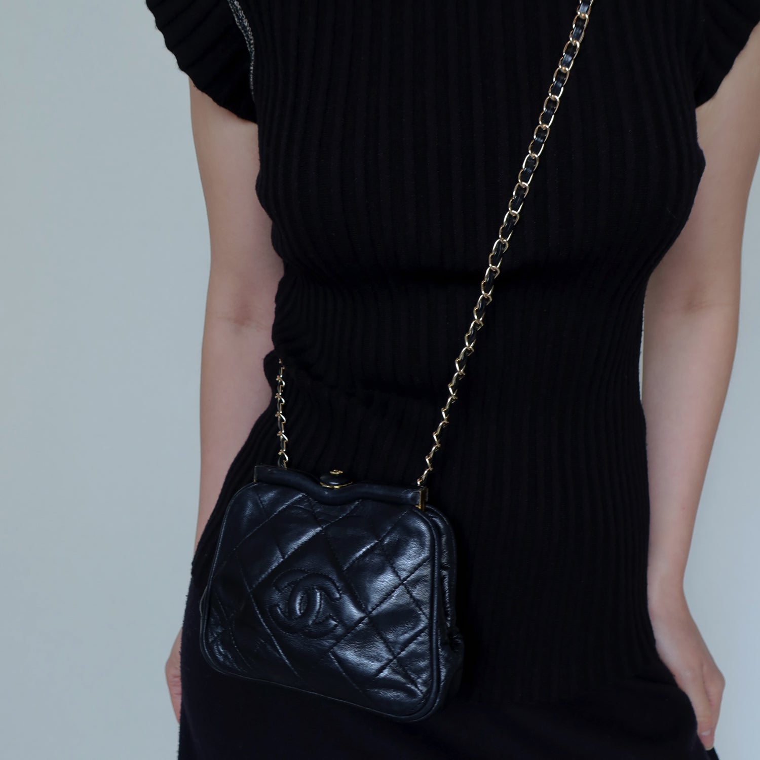 Chanel Vintage Matelasse Black Lambskin Quilted Shoulder & Belt Bag