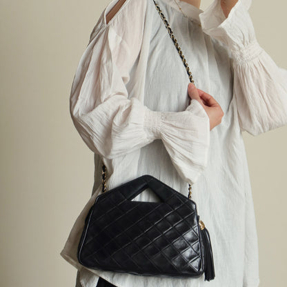 Chanel Vintage Black Matelasse Quilted Tassel Top Handle Shoulder Bag