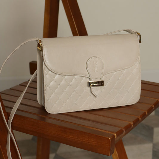 Yves Saint Laurent YSL Vintage Ivory Quilted Gold Buckle Crossbody Flap bag