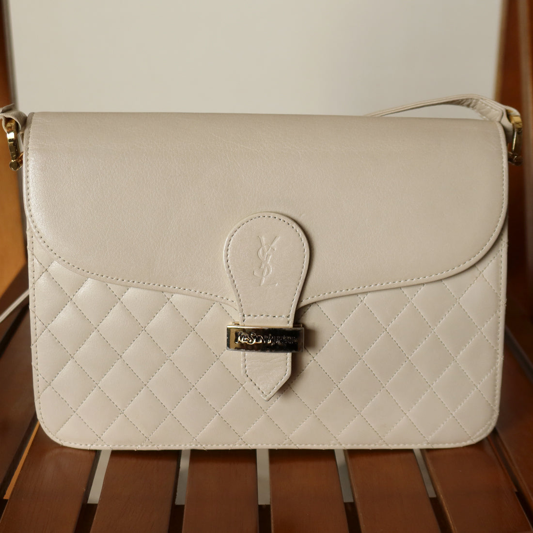 Yves Saint Laurent YSL Vintage Ivory Quilted Gold Buckle Crossbody Flap bag