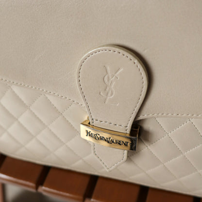 Yves Saint Laurent YSL Vintage Ivory Quilted Gold Buckle Crossbody Flap bag