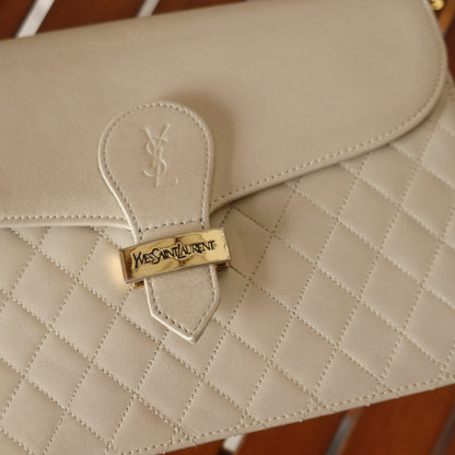 Yves Saint Laurent YSL Vintage Ivory Quilted Gold Buckle Crossbody Flap bag