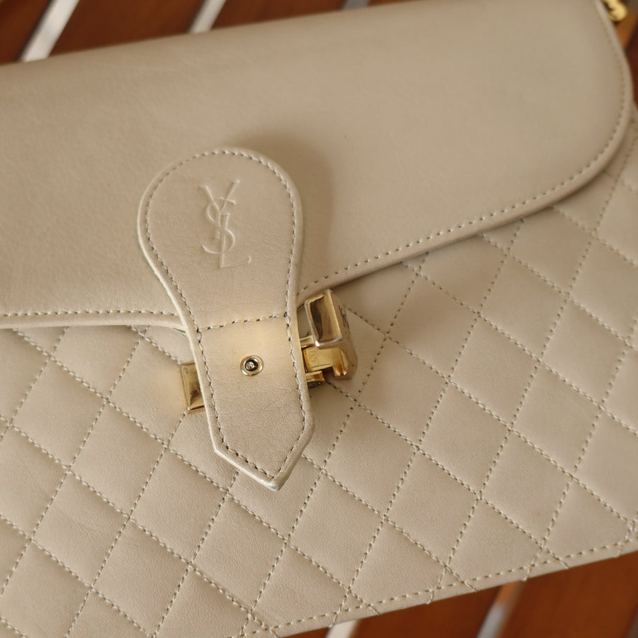 Yves Saint Laurent YSL Vintage Ivory Quilted Gold Buckle Crossbody Flap bag