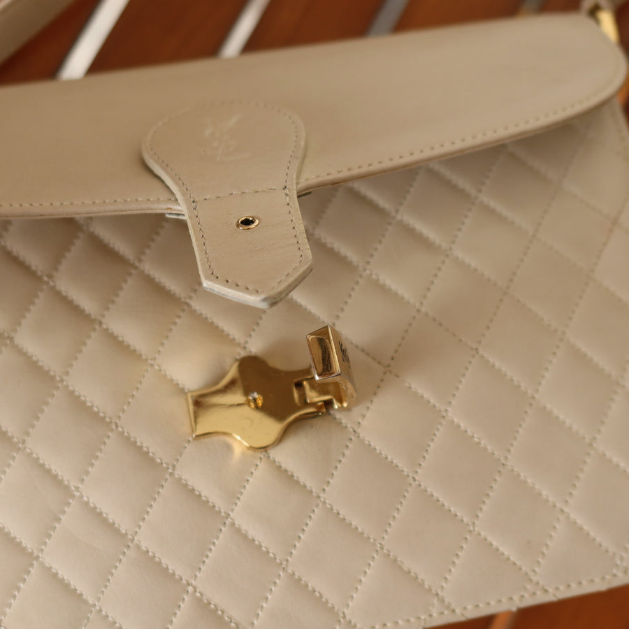 Yves Saint Laurent YSL Vintage Ivory Quilted Gold Buckle Crossbody Flap bag