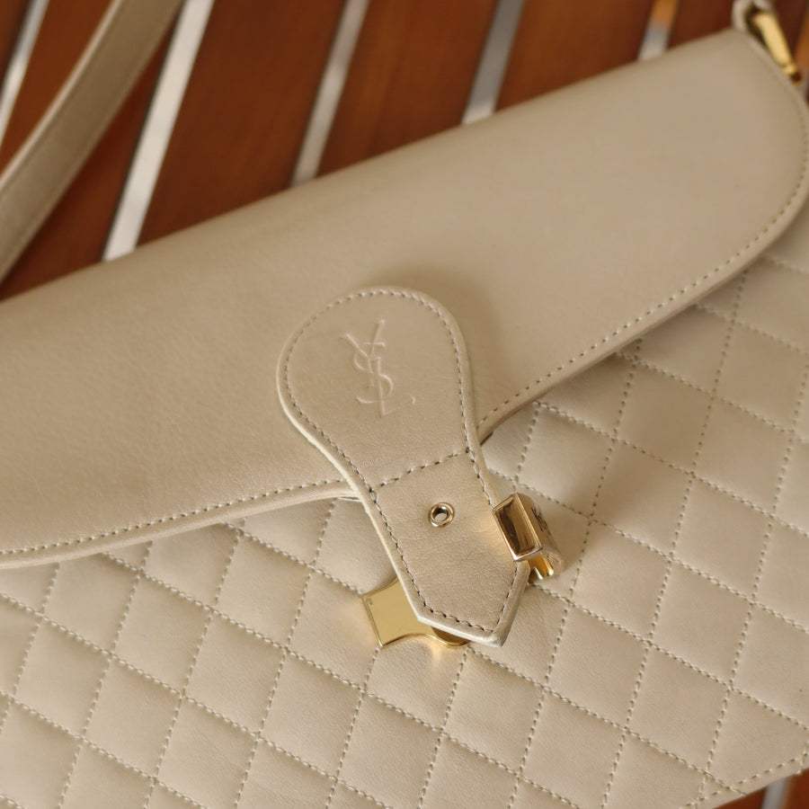 Yves Saint Laurent YSL Vintage Ivory Quilted Gold Buckle Crossbody Flap bag