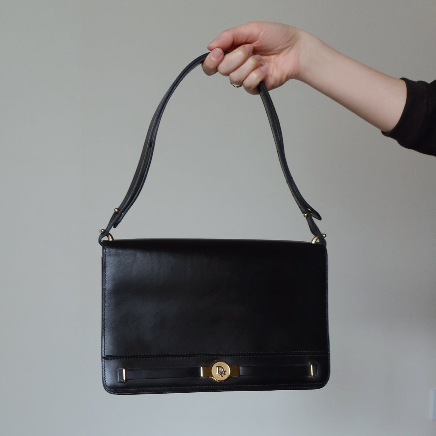 Christian Dior Vintage Black Leather Box Shoulder Bag