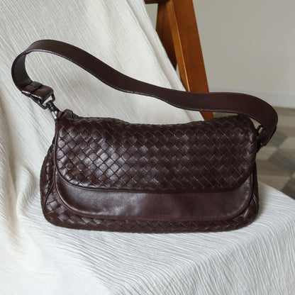 Bottega Veneta Vintage Brown Intrecciato Double Flap Shoulder Bag