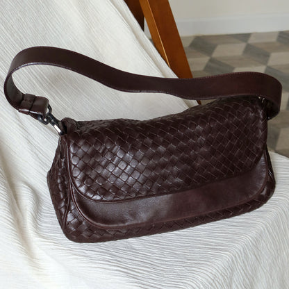 Bottega Veneta Vintage Brown Intrecciato Double Flap Shoulder Bag