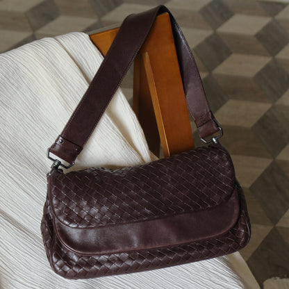 Bottega Veneta Vintage Brown Intrecciato Double Flap Shoulder Bag