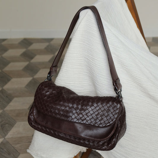 Bottega Veneta Vintage Brown Intrecciato Double Flap Shoulder Bag