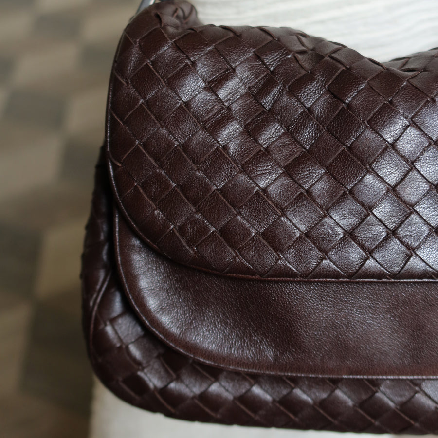 Bottega Veneta Vintage Brown Intrecciato Double Flap Shoulder Bag