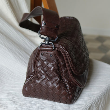 Bottega Veneta Vintage Brown Intrecciato Double Flap Shoulder Bag