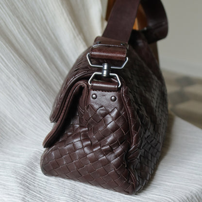 Bottega Veneta Vintage Brown Intrecciato Double Flap Shoulder Bag