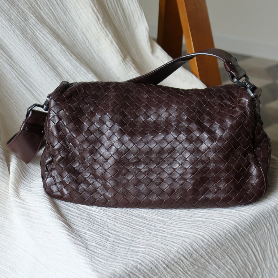 Bottega Veneta Vintage Brown Intrecciato Double Flap Shoulder Bag