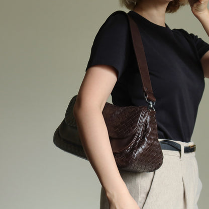 Bottega Veneta Vintage Brown Intrecciato Double Flap Shoulder Bag