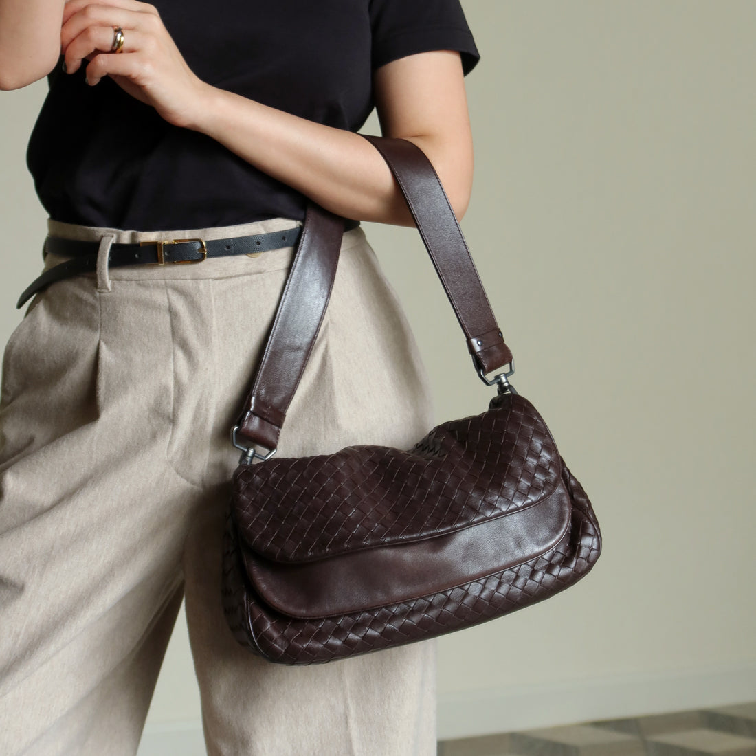 Bottega Veneta Vintage Brown Intrecciato Double Flap Shoulder Bag