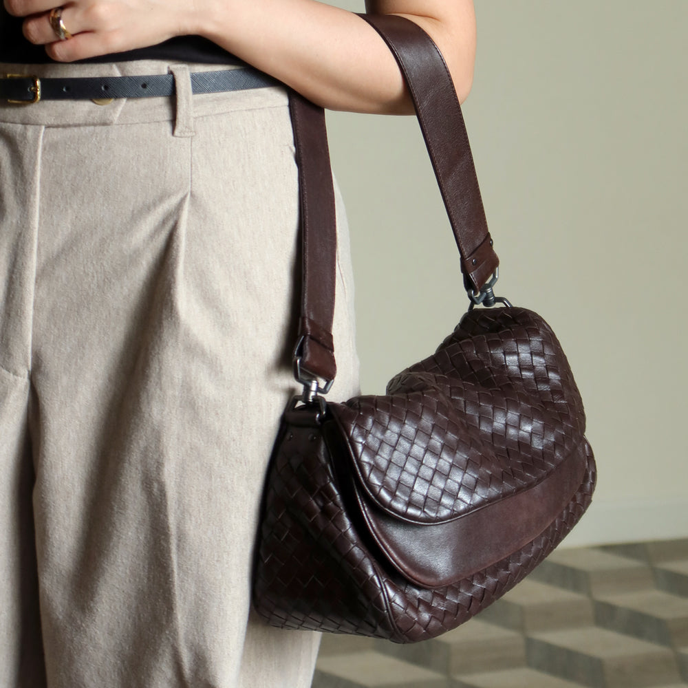 Bottega Veneta Vintage Brown Intrecciato Double Flap Shoulder Bag