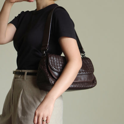 Bottega Veneta Vintage Brown Intrecciato Double Flap Shoulder Bag