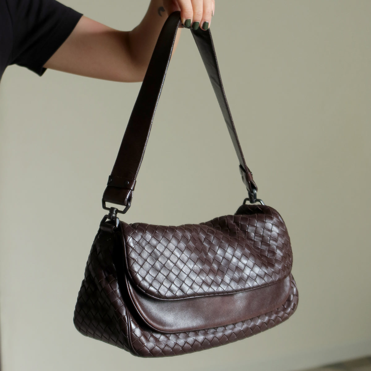 Bottega Veneta Vintage Brown Intrecciato Double Flap Shoulder Bag