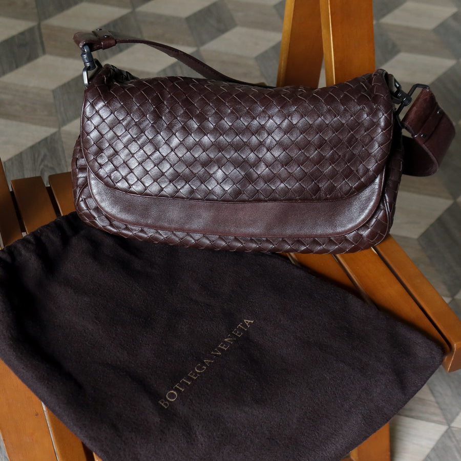 Bottega Veneta Vintage Brown Intrecciato Double Flap Shoulder Bag