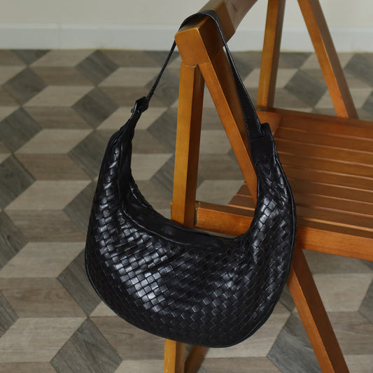 Bottega Veneta Vintage Black Intrecciato Hobo Shoulder Bag