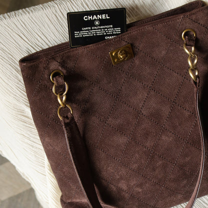 Chanel Vintage Dark Brown Quilted CC Turn lock Shoulder Tote Bag