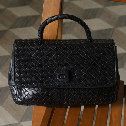 Bottega Veneta Vintage Black Intrecciato Weave Turn Lock Top Handle Bag