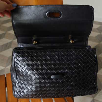 Bottega Veneta Vintage Black Intrecciato Weave Turn Lock Top Handle Bag