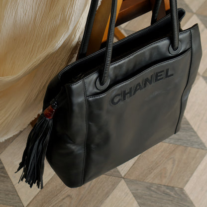 Chanel Vintage Black Leather CC Tassel Shoulder Tote Bag