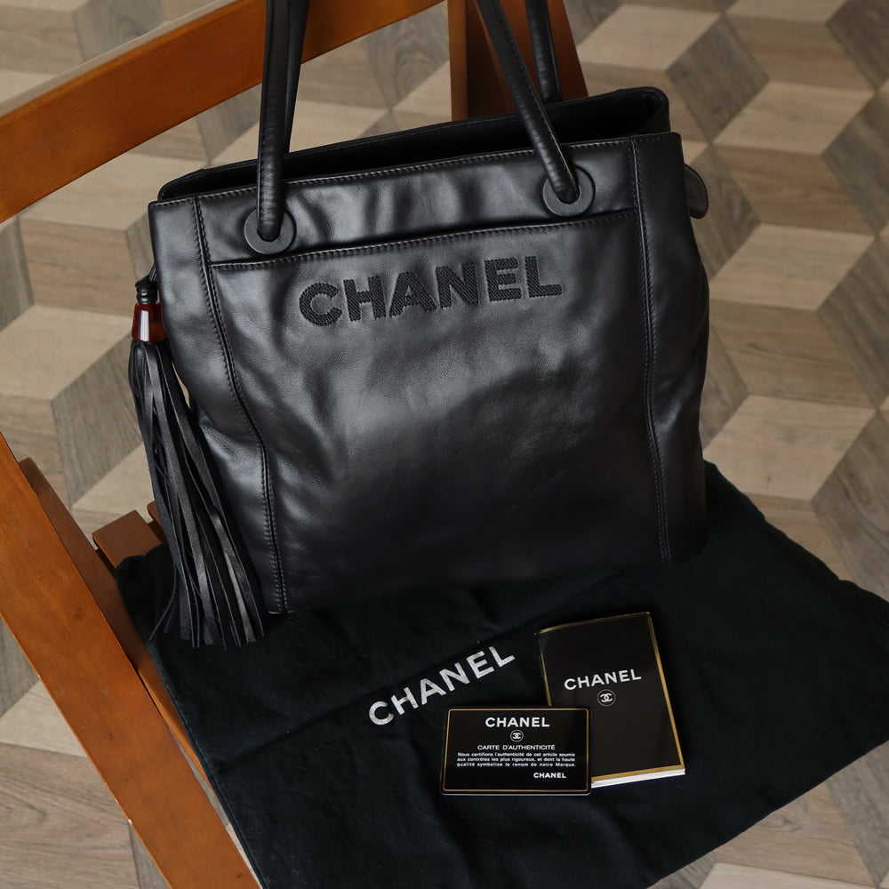 Chanel Vintage Black Leather CC Tassel Shoulder Tote Bag