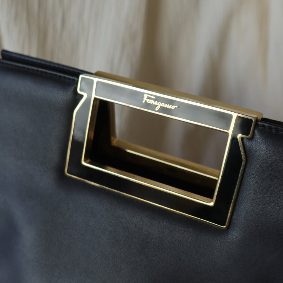 Salvatore Ferragamo Vintage Black Leather 2way Gold Clutch Bag