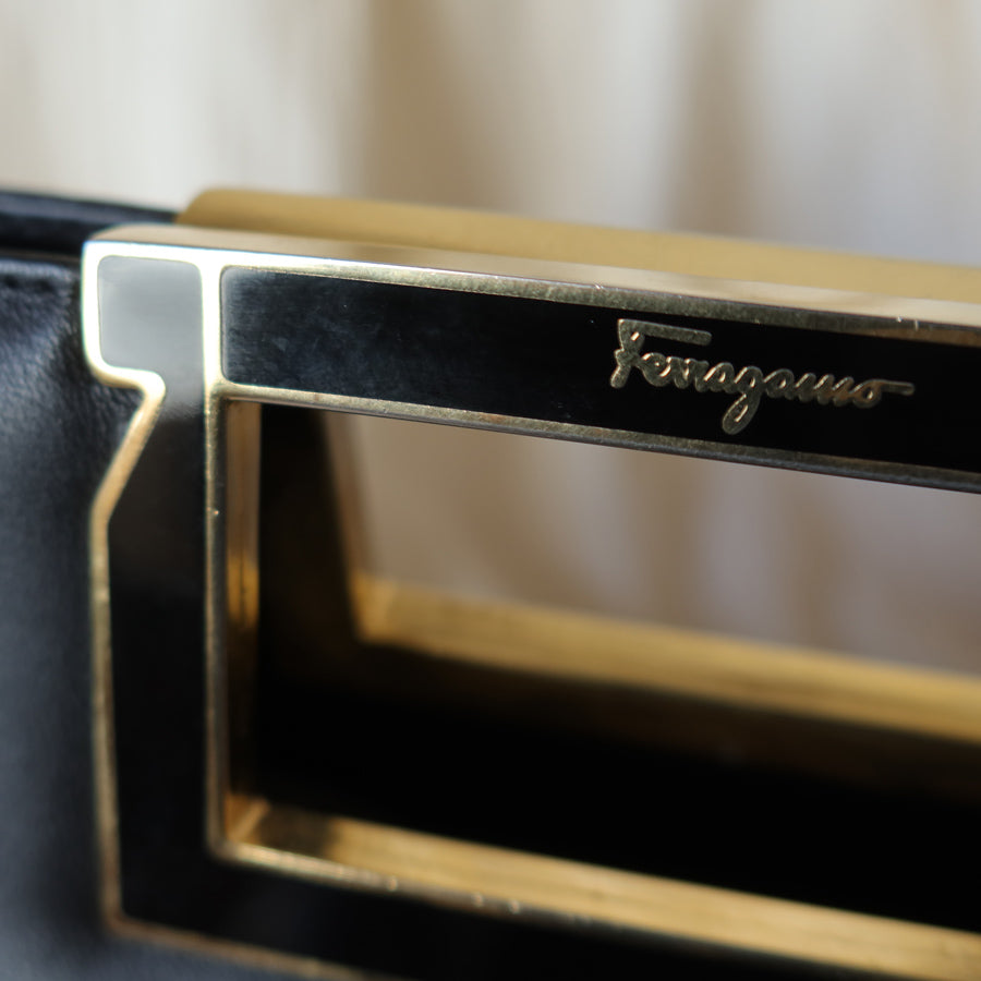 Salvatore Ferragamo Vintage Black Leather 2way Gold Clutch Bag