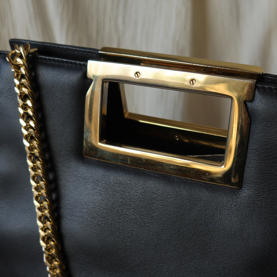 Salvatore Ferragamo Vintage Black Leather 2way Gold Clutch Bag