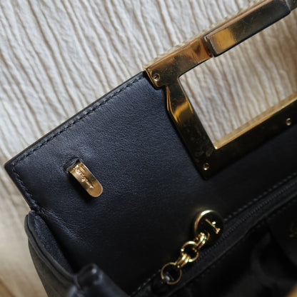 Salvatore Ferragamo Vintage Black Leather 2way Gold Clutch Bag