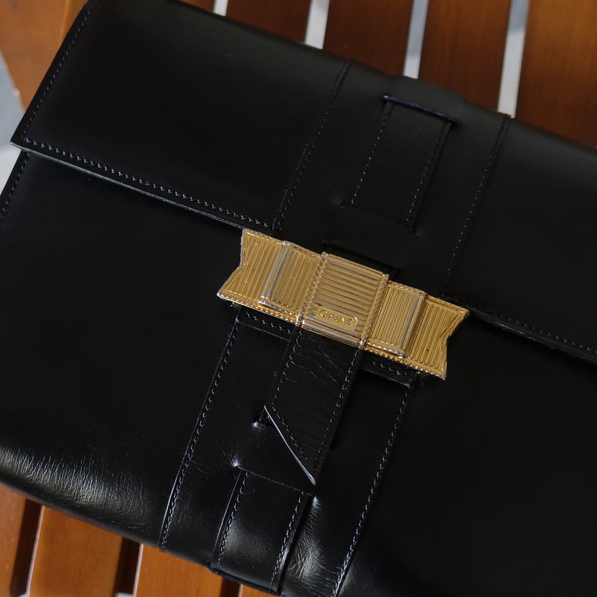 Celine Vintage Black Ribbon Gold Metal Fittings Crossbody Bag
