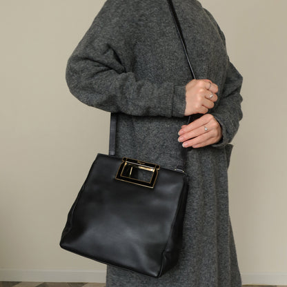 Salvatore Ferragamo Vintage Black Leather 2way Gold Clutch Bag