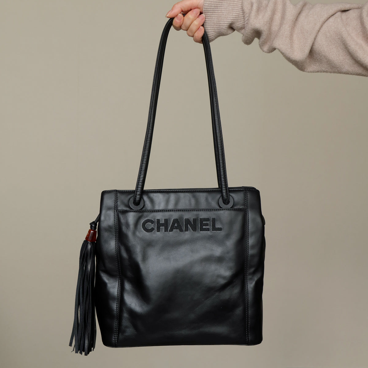 Chanel Vintage Black Leather CC Tassel Shoulder Tote Bag